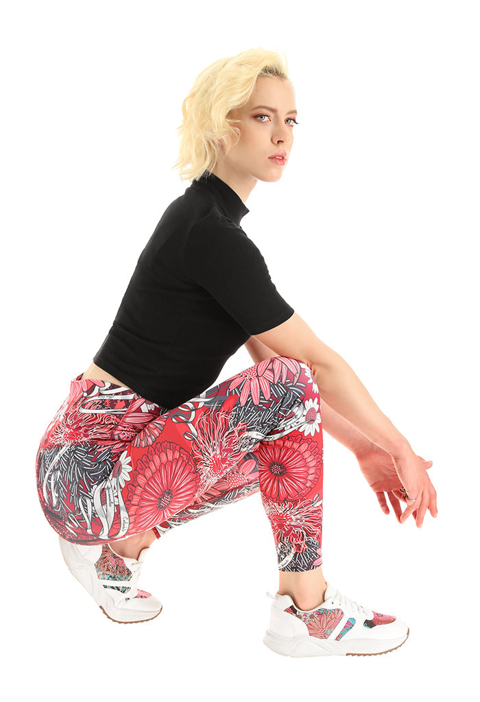 Leggins Metztli Herbolaria Flores Rojo