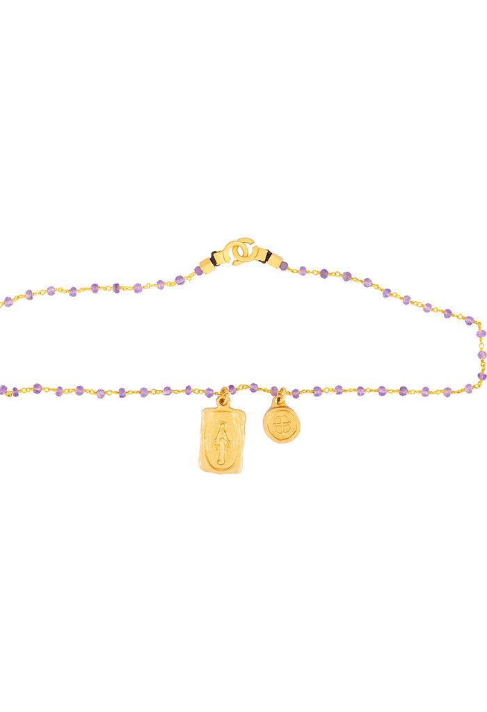 Collar Dije Doble con Virgen y Cruz Morado