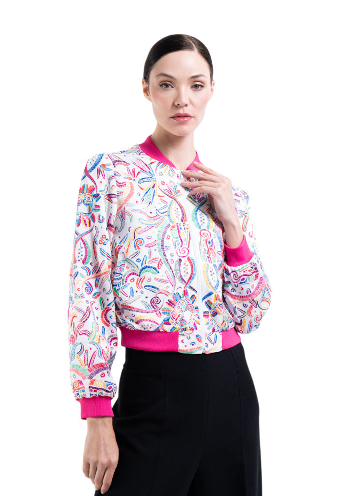 Bomber AKENBA Seda Jacquard  Quetzalcóatl Blanco