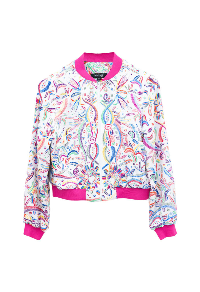 Bomber AKENBA Seda Jacquard  Quetzalcóatl Blanco