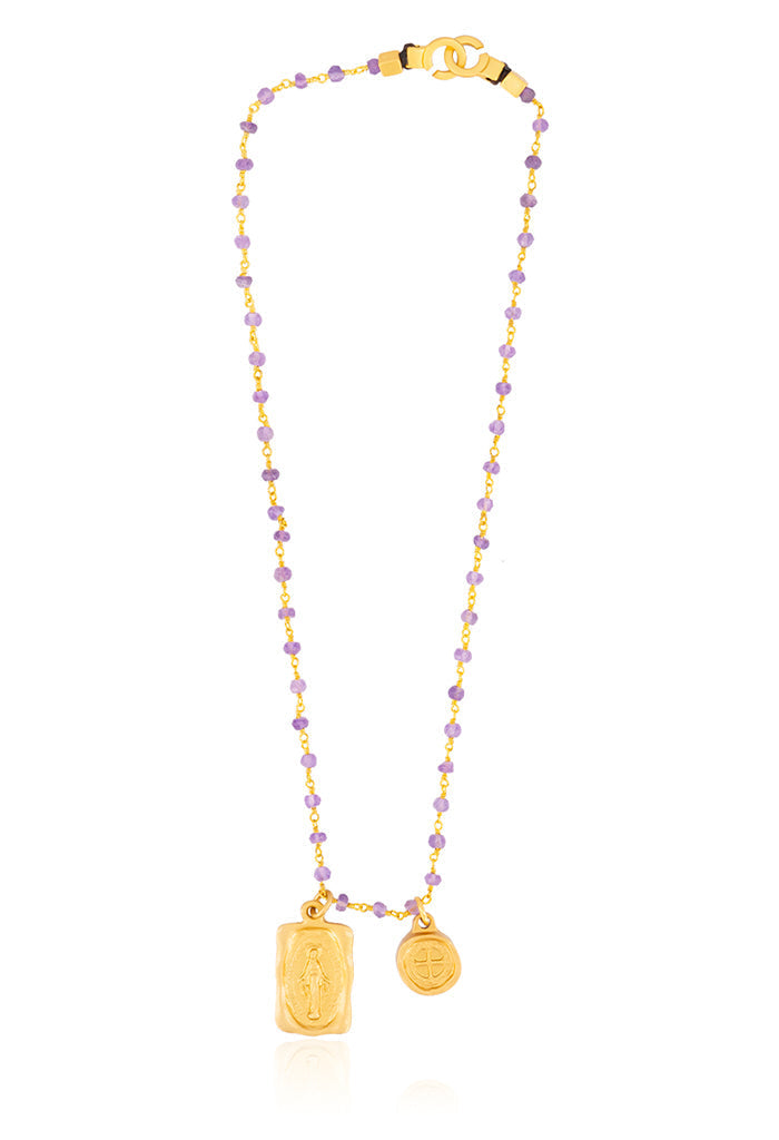 Collar Dije Doble con Virgen y Cruz Morado